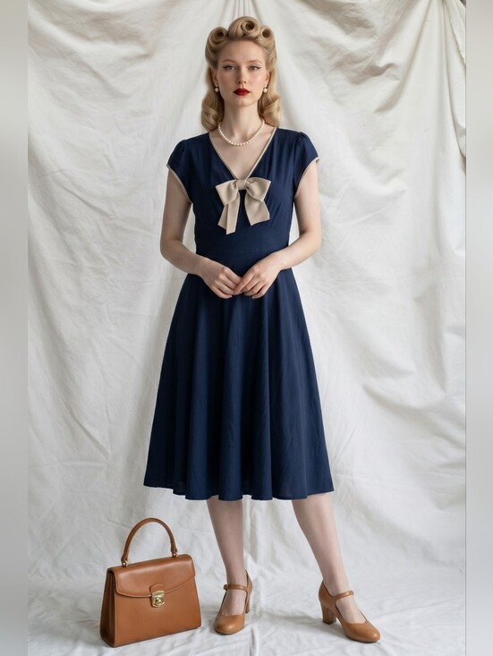 Stop Staring Dresses & Skirts - Stop Staring! Belinda Navy Blue Swing Dress with Bow | Pin Up Rockabilly XL